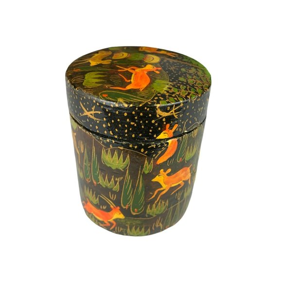 Vtg Paper Mache India Hand Painted Trinket Jewelry Box Deer Woodland Animals - Picture 6 of 9